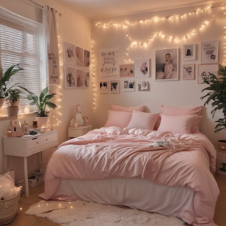 a bedroom with lights strung above the bed and pictures on the wall over the headboard