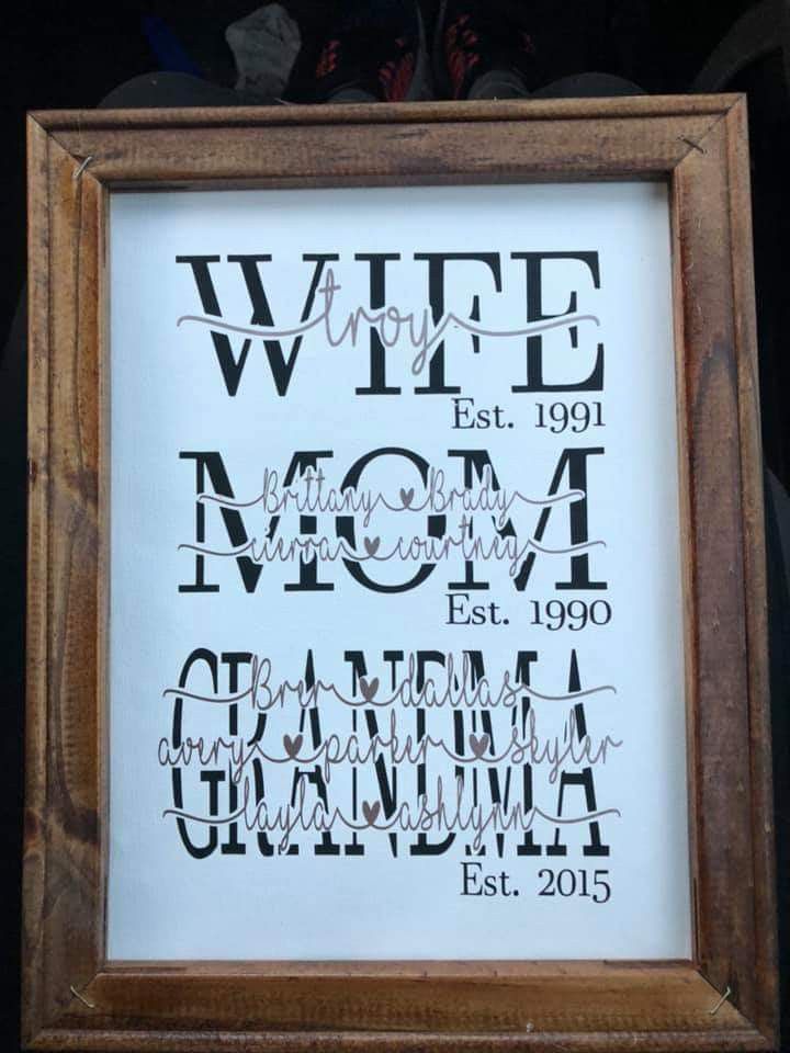 a framed sign with the words wife and mom in cursive writing on it