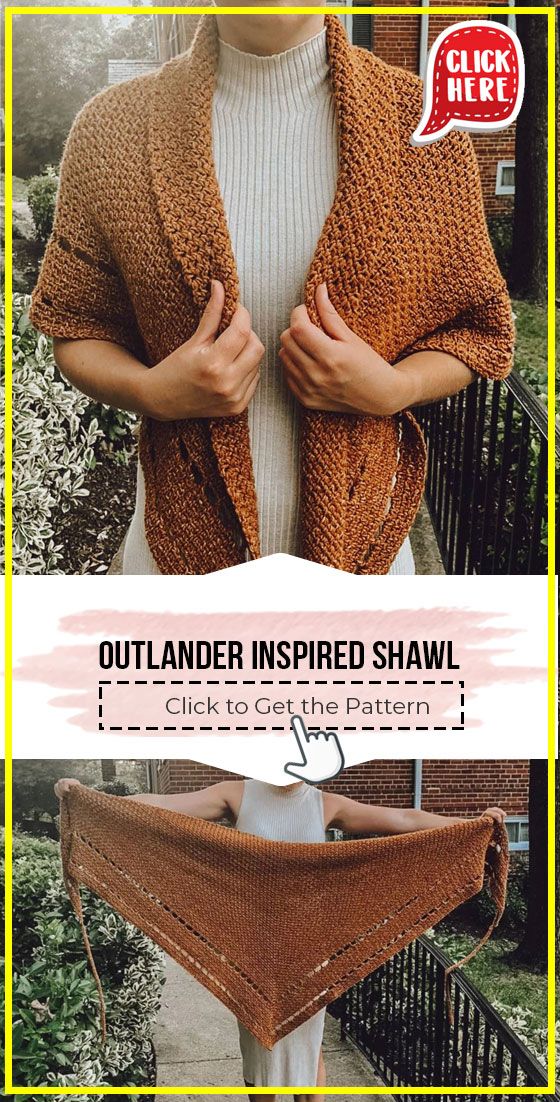 a woman wearing a knitted shawl with the text outlander inspired shawl click to see the pattern