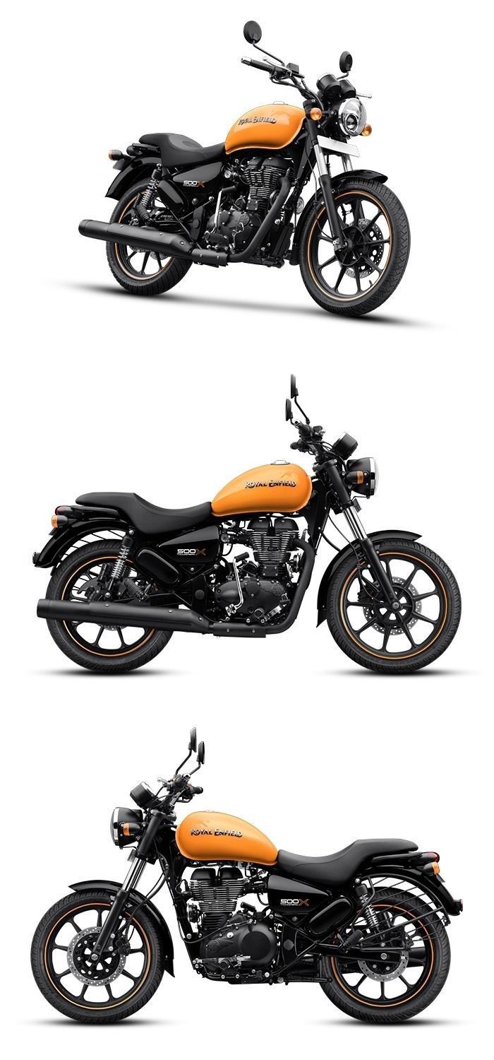 three different views of an orange and black motorcycle