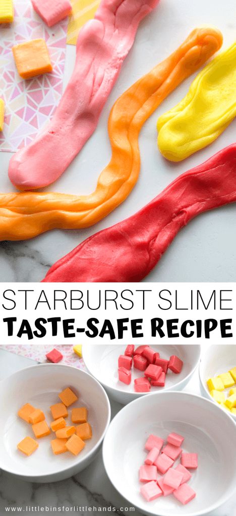 the ingredients for this starburst slime recipe are in bowls and on plates