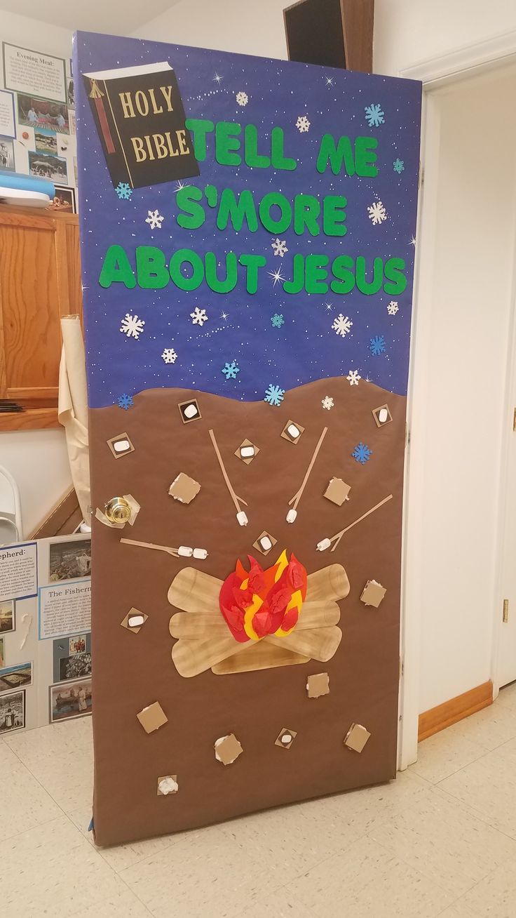 a bulletin board with an image of a campfire