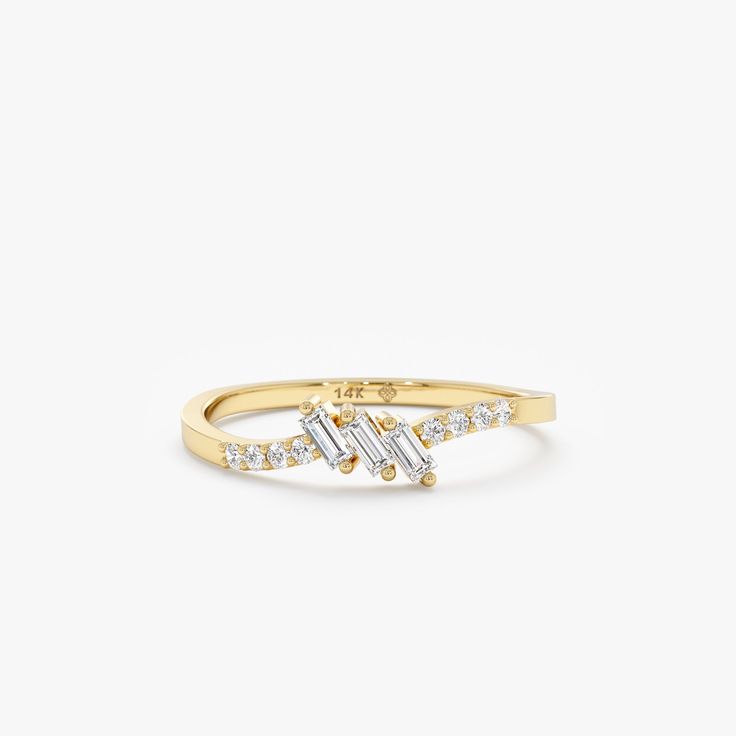 Triple Baguette Diamond Ring Curved Ring, Baguette Diamond Ring, Curve Ring, Alternative Engagement Ring, Dainty Band, Solid Gold Bracelet, Baguette Diamond Rings, Unique Engagement Ring, Alternative Engagement Rings