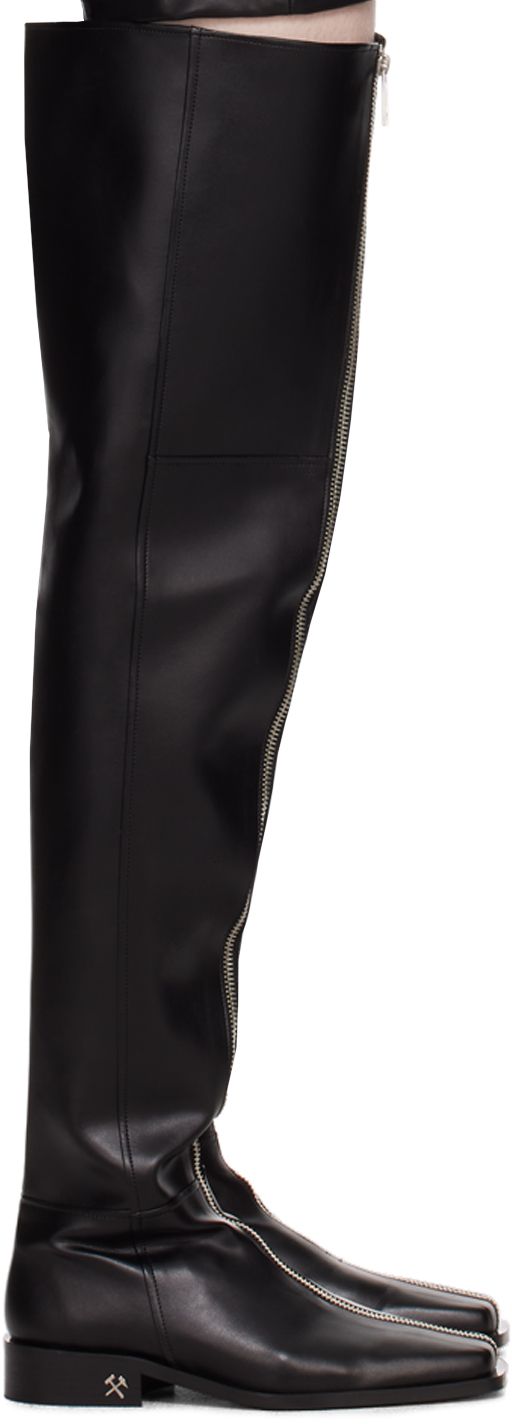 Over-the-knee grained faux-leather boots in black. · Square toe · Zip closure · Faux-leather lining · Logo hardware at stacked leather heel · Leather sole · Heel: H1.5 in Available exclusively at SSENSE. Supplier color: Black Mens Tall Boots, Mens High Boots, Black Thigh Boots, Mens Leather Clothing, Black Apple, Faux Leather Boots, Thigh Boot, Leather Block Heels, Black Square