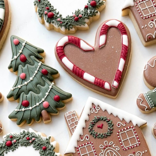 many decorated cookies on a white surface