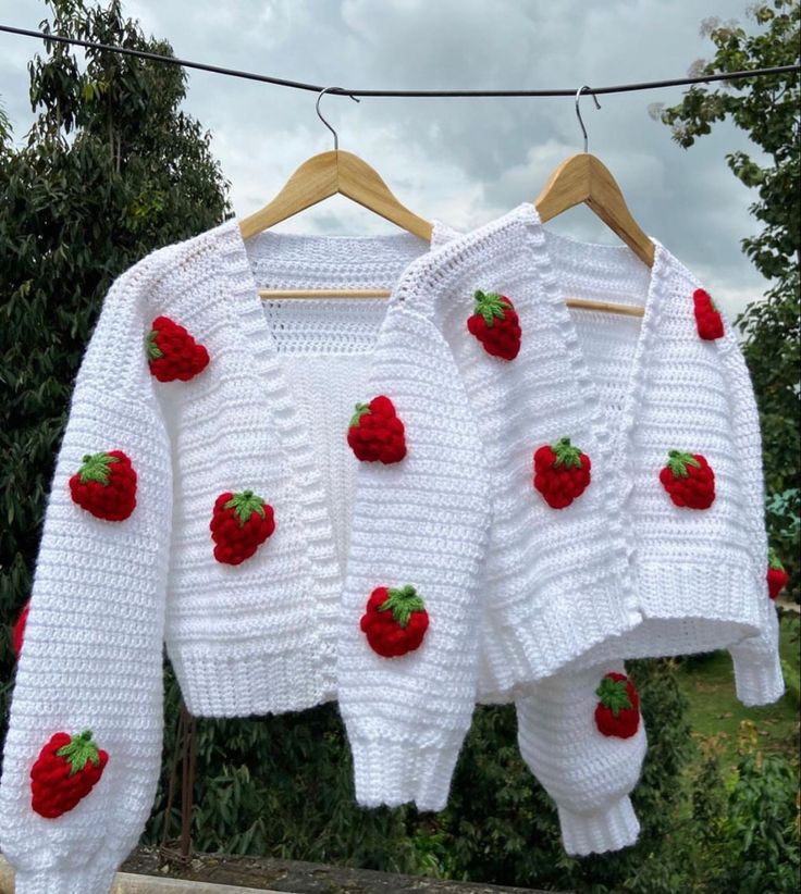 two knitted sweaters with strawberries on them hanging from a clothes line outside