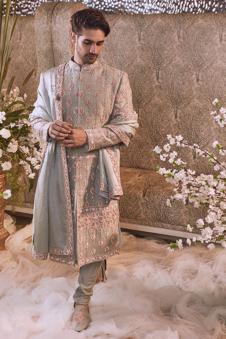 Bindani By Jigar And Nikita-Ice Blue Embroidered Sherwani And Shawl-INDIASPOPUP.COM Blue Sherwani, Embroidered Sherwani, Modern Groom, Silk Stoles, Dhoti Pants, Embroidered Border, Silk Shawl, Sequins Embroidery, Silk Embroidery