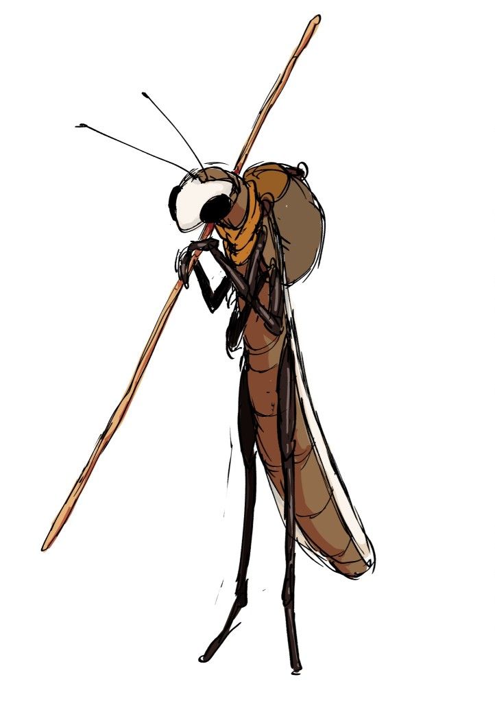 a drawing of a mosquito with long legs holding a stick and wearing a brown jacket