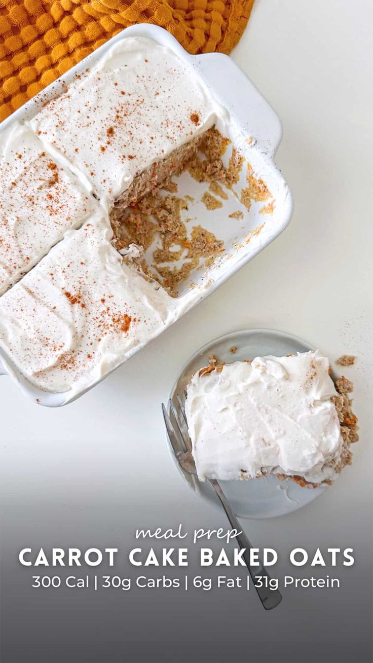 carrot cake baked oats with white frosting in a baking pan and on a plate