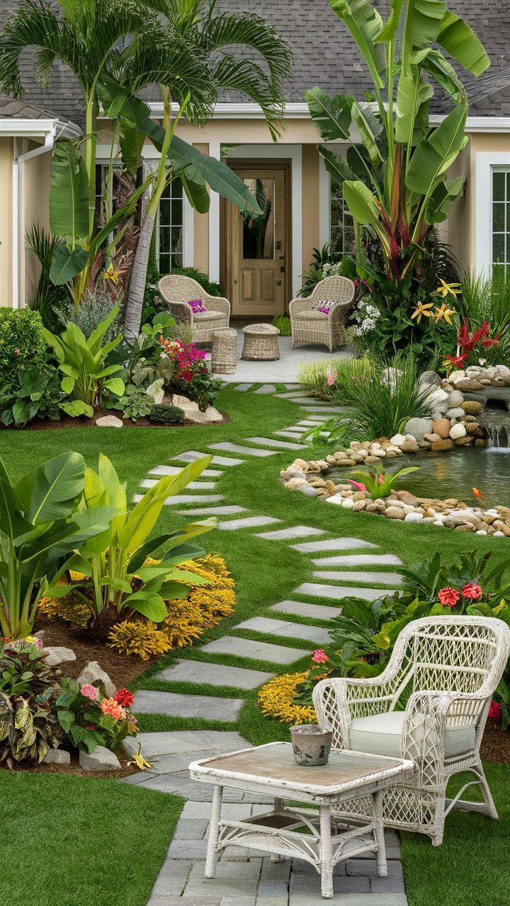 a garden with lawn furniture and landscaping