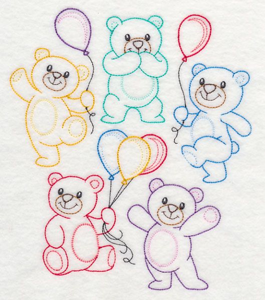 four teddy bears holding balloons in the shape of hearts