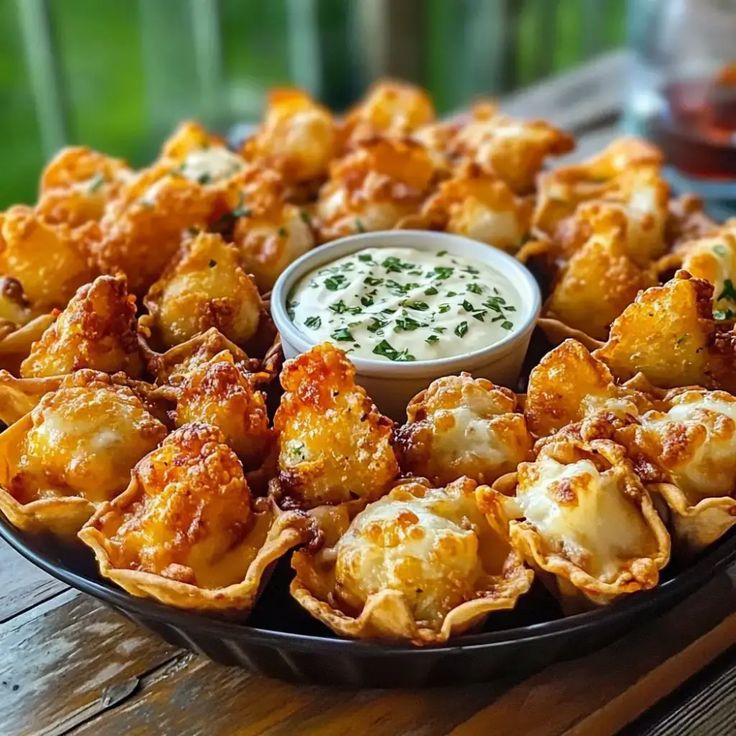 an appetizer platter filled with deep fried ravioli and dipping sauce