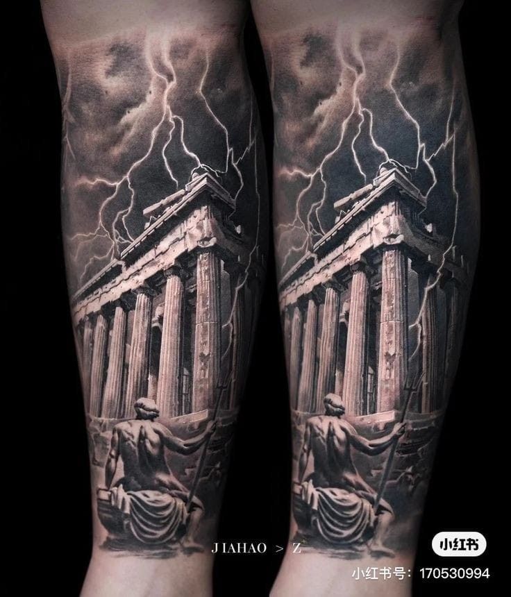 a man's arm with an image of the parthenion and lightning