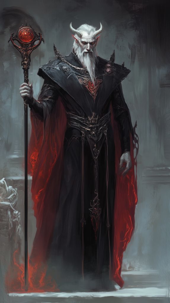 a painting of a demon holding a staff and wearing a red cape with horns on it's head