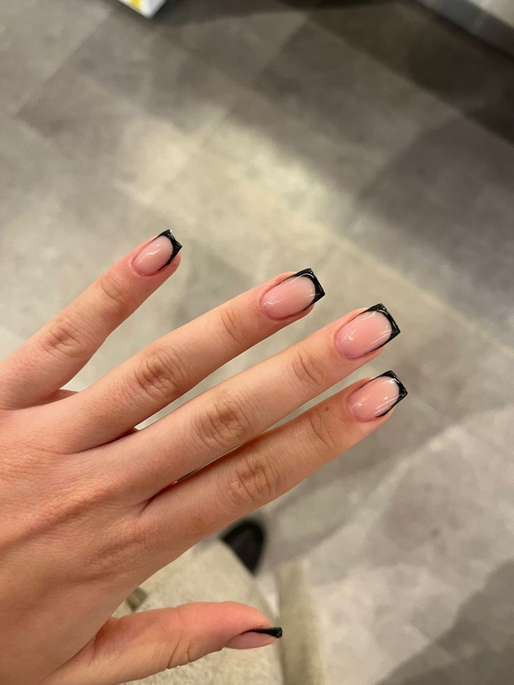 Black french nails Black French Tip Biab, Gel French Nails Short, Black Squared French Tips, Extra Short Black French Tip Nails, Plain Black French Tip Nails, Black Mini French Nails, Black Small French Tip Nails, Short Nail Black French Tip, French Tip Nails Short Square With Design