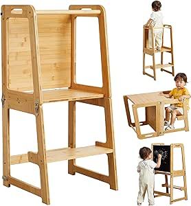 children's wooden chair and table set with step ladders for each child to sit on