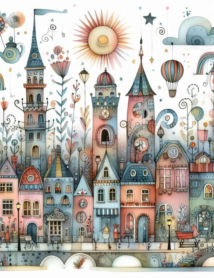 an illustration of a city with lots of buildings and balloons in the sky above it