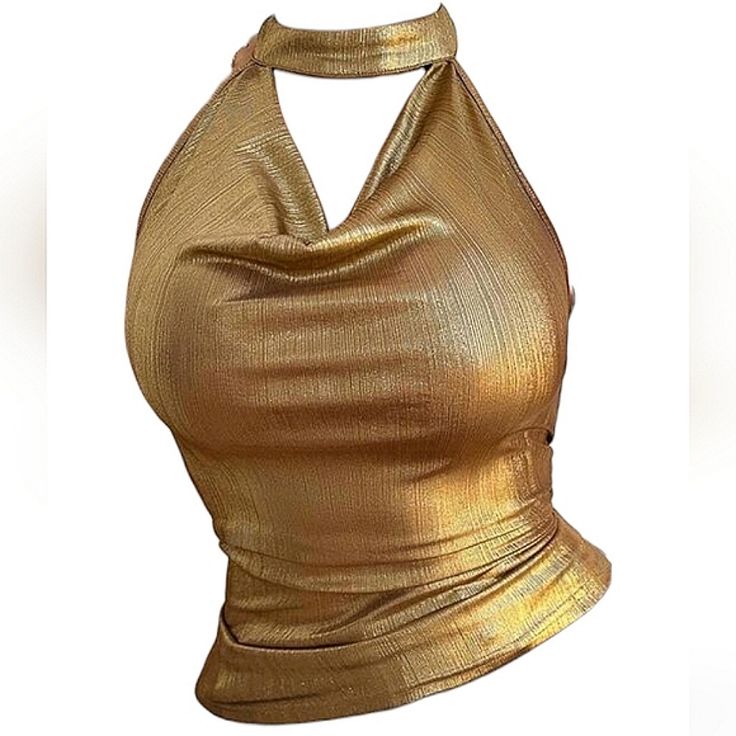 Size: Medium Brand New Chic Gold Halter Top For Night Out, Elegant Gold Crop Top For Spring, Gold Crop Top For Summer, Elegant Stretch Gold Top, Elegant Gold Stretch Top, Gold Tops For Night Out In Spring, Elegant Fitted Gold Halter Top, Elegant Fitted Gold Top, Glamorous Gold Tops For Spring