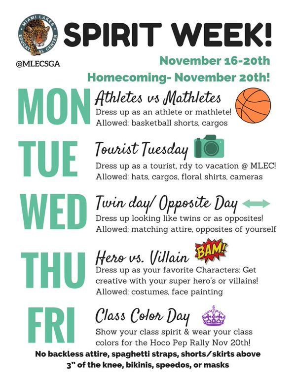 the poster for spirit week is shown in green and white with an image of a basketball ball