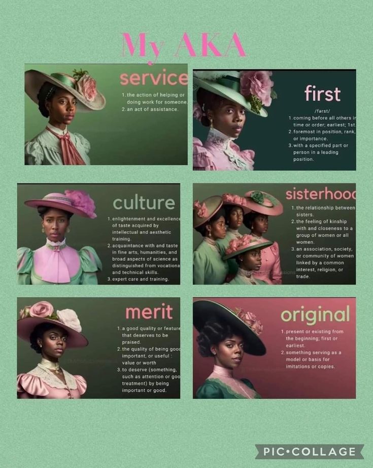 four different pictures of women in hats with words above them that read, my aka service