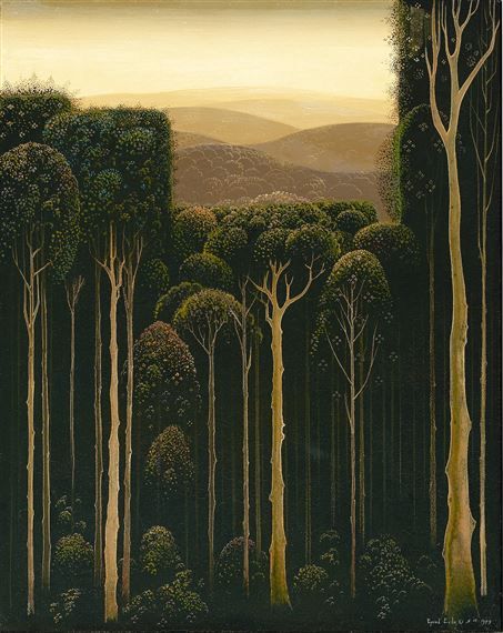 a painting of trees in the middle of a forest