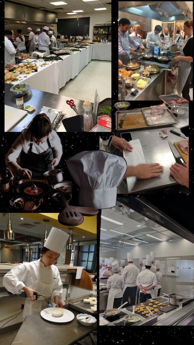 several pictures of chefs preparing food in a kitchen