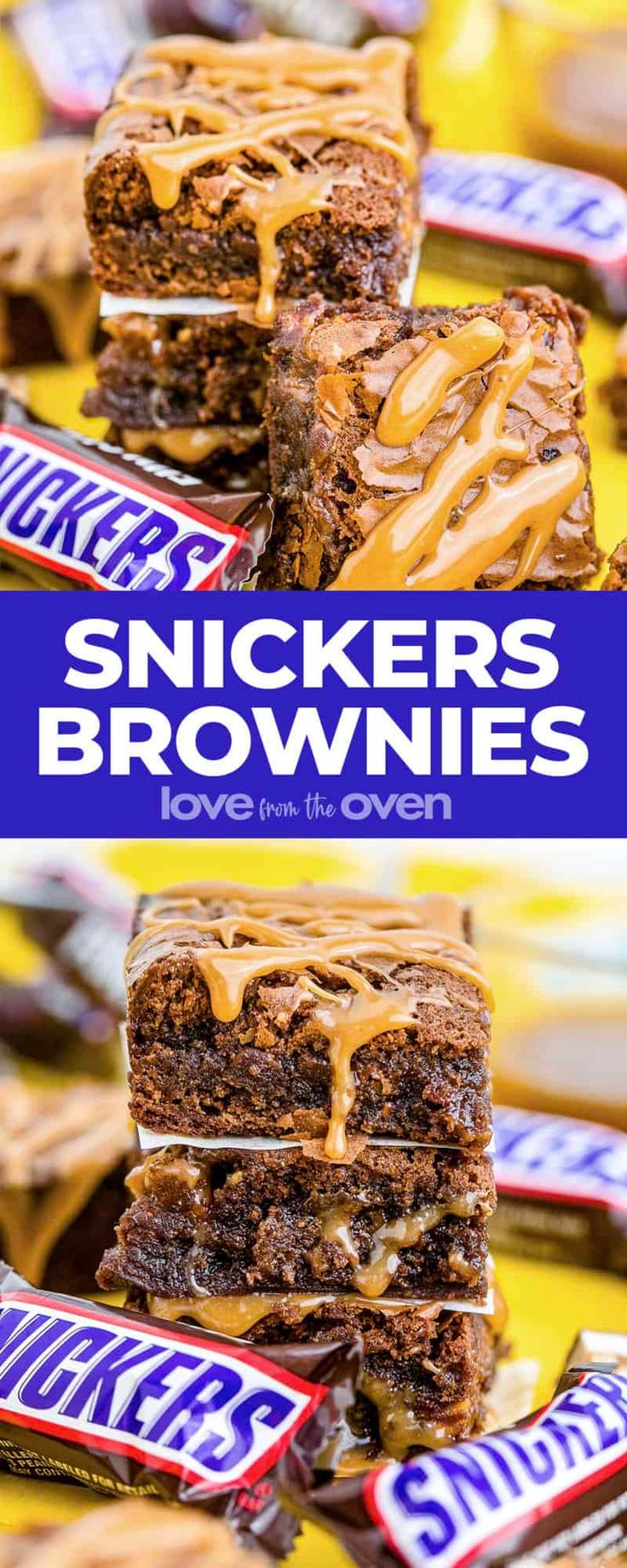 snickkers brownies are stacked on top of each other