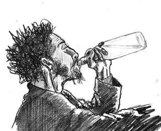 a drawing of a man drinking from a bottle