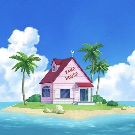 a cartoon house on an island with palm trees