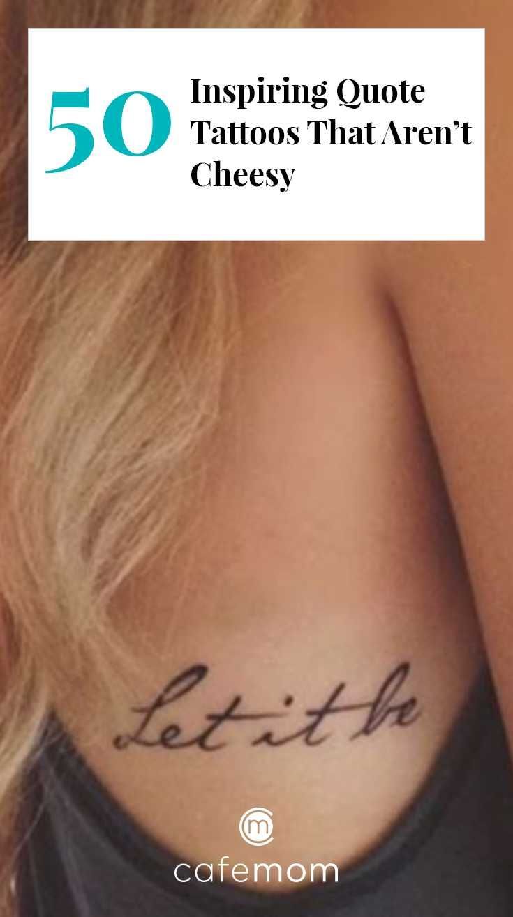 the back of a woman's neck with tattoos on her chest and words written in cursive font