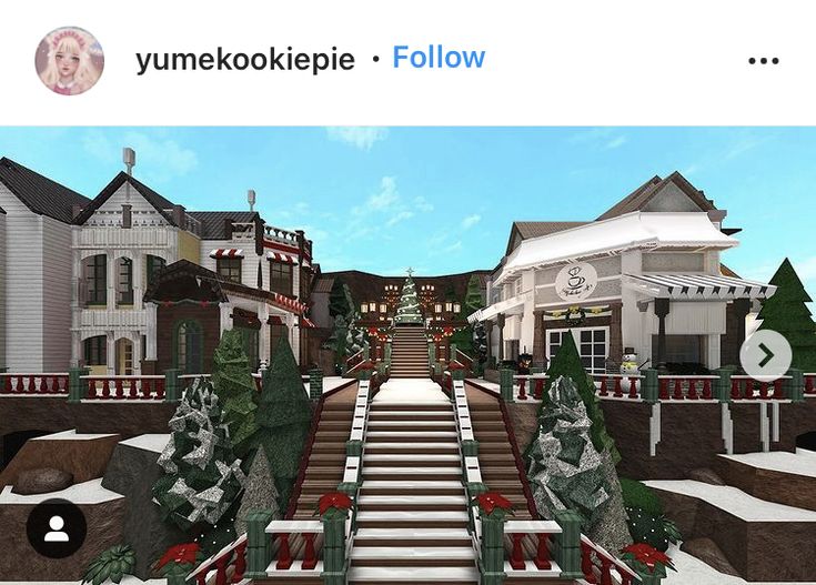 an animated image of a snowy town with stairs and christmas decorations on the steps in front of houses