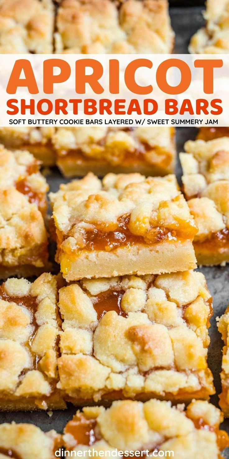 apricot shortbread bars are stacked on top of each other with the words apricot shortbread bars above them