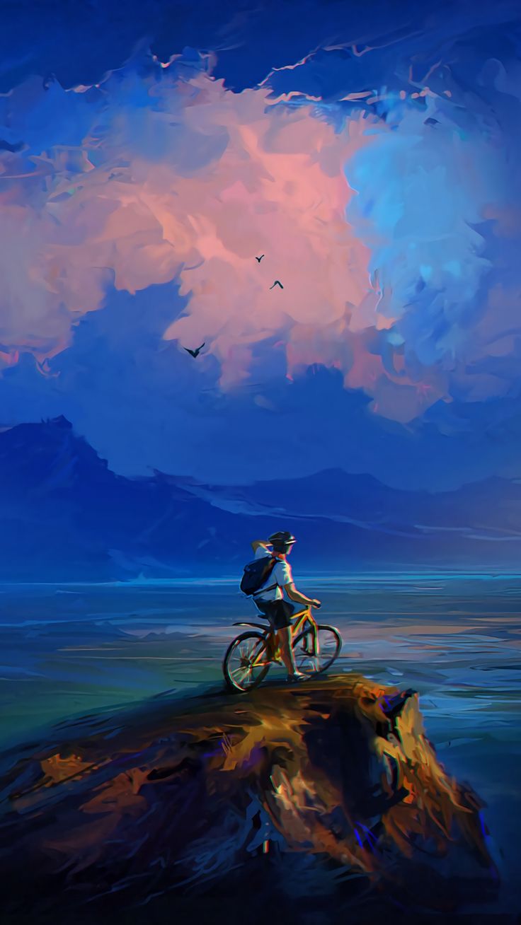 a painting of a person riding a bike on a rock in the ocean under a cloudy sky