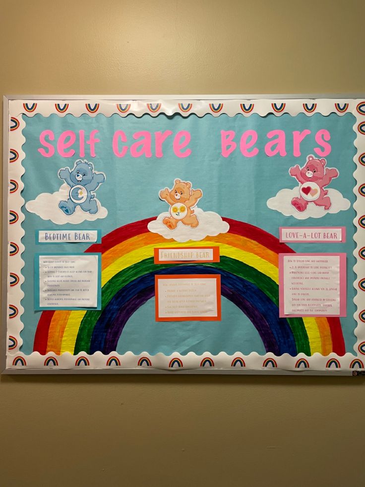 a bulletin board that says self care bears on the front and rainbow in the back