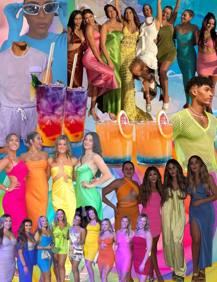 Dinner Party Summer Outfit, Love Island Party Outfits, Rainbow Bachelorette Outfits, Monochromatic Bachelorette Party, Final Fiesta Bachelorette Outfit, Bright Color Party Outfit, Tropic Like Its Hot Bachelorette Party Outfits, Pool Party Bachelorette Outfits, Bachelorette Bathing Suit Theme