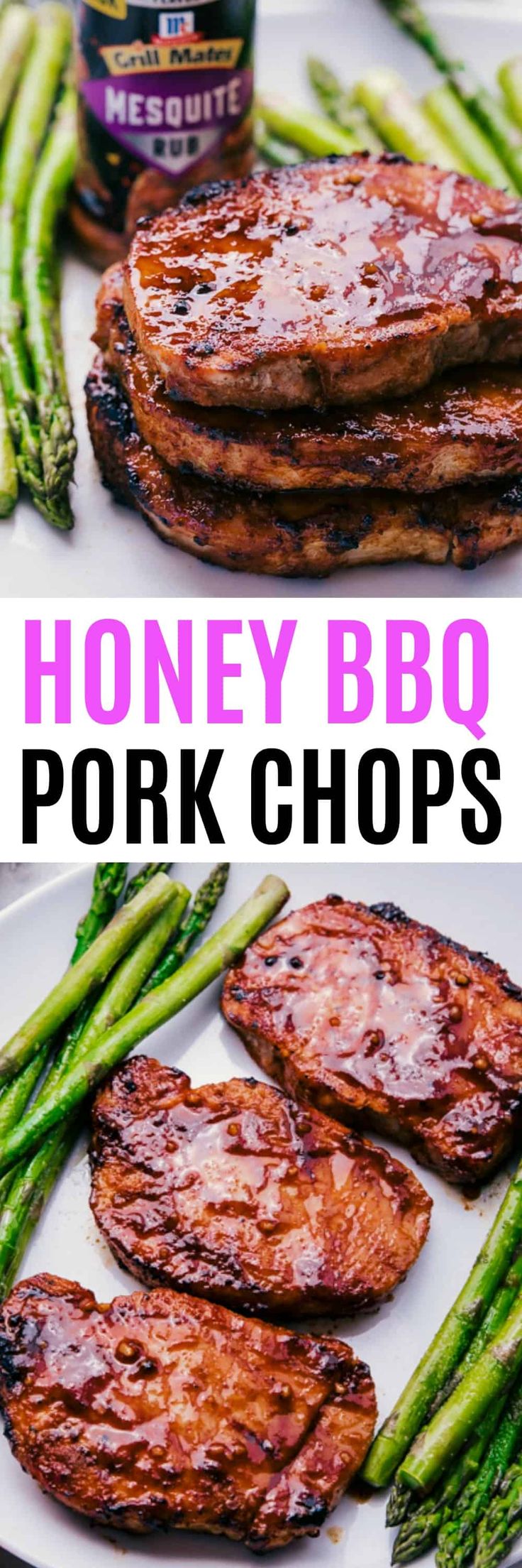 honey bbq pork chops on a plate with asparagus