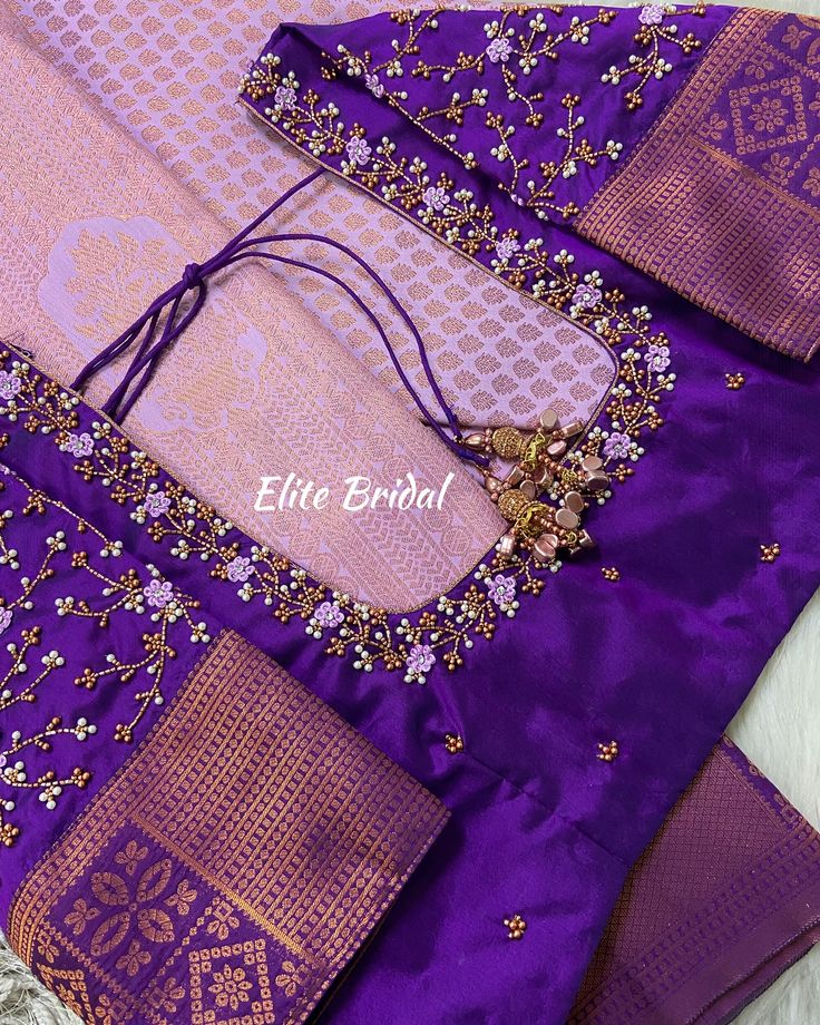 Customised floral Aari embroidery hand work blouse by elite bridal 💜✨ Half Saree Aari Work Design, Aari Latest Blouse Design, Multicolour Aari Work Blouse, Work Sarees For Wedding, Purple Color Aari Blouse Designs, Embroidery Designs Aari Work, Single Line Maggam Work Designs, New Design Aari Work Blouse, Violet Colour Aari Blouse Design