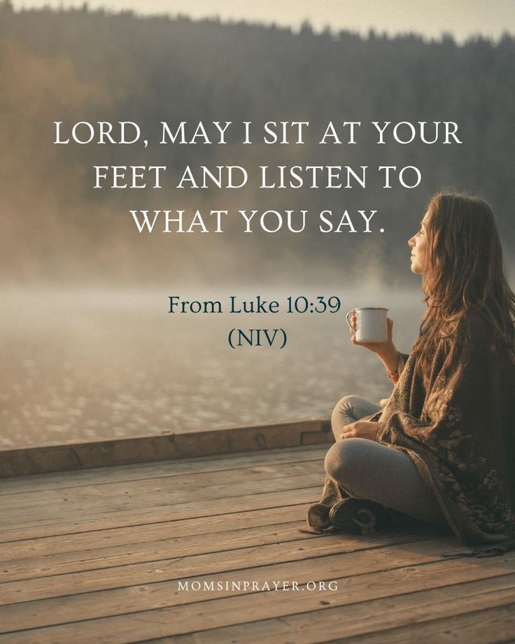 a woman sitting on a dock holding a cup with the words, lord may sit at your feet and listen to what you say