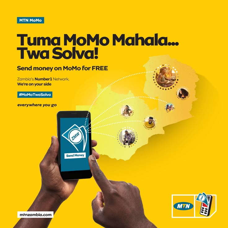 a person holding a cell phone in front of a yellow background with the words tuma momo manala, twa solva on it