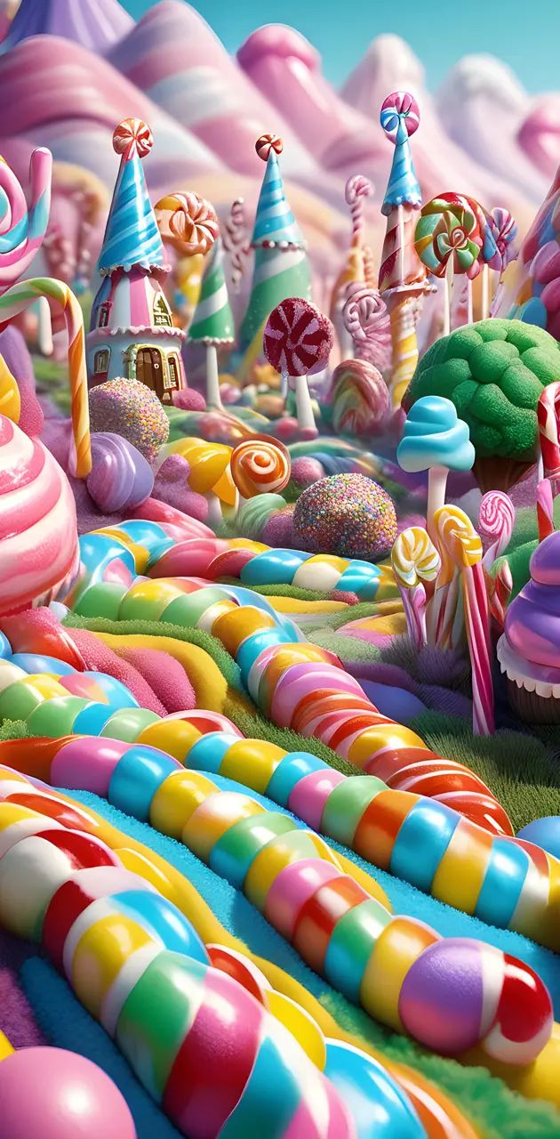 an image of colorful candy land with lots of candies and lollipops