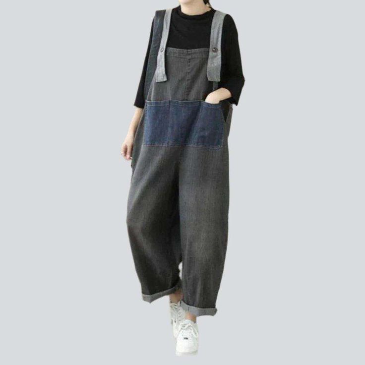 Introducing the 2023 Spring-Summer Collection's dark grey women's denim jumpsuit ââ‚?the perfect blend of contemporary fashion and nostalgic grunge! Crafted with premium quality denim. this fashion-forward piece features an edgy. distressed pattern with a sleek slim fit. Plus. a resilient zipper and stylish button closure ensure both function and style.Distinctive Features: Patchwork Design: An expertly crafted distressed pattern to capture a raw. unfiltered essence. Baggy Fit: Textured to hug y Casual Washed Black Cotton Overalls, Denim Blue Cotton Jumpsuits For Fall, Denim Blue Cotton Jumpsuits And Rompers For Fall, Casual Washed Black Denim Jumpsuit Overall, Gray Cotton Jumpsuits And Rompers For Summer, Casual Gray Cotton Jumpsuits And Rompers, Gray Cotton Summer Jumpsuits And Rompers, Casual Washed Black Jumpsuits And Rompers With Pockets, Gray Spring Jumpsuits And Rompers With Pockets