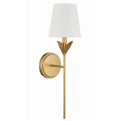 a gold wall light with a white shade on the side and a small lamp attached to it