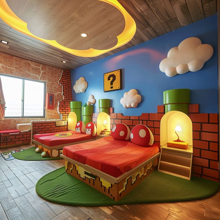 a room with two beds and mario mouse decorations on the walls