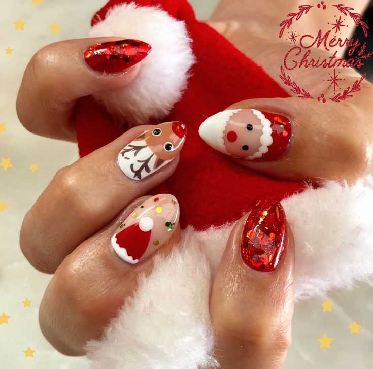 Santa Almond Nails, Santa And Rudolph Nails, Santa And Reindeer Nails, Christmas Nails Rudolph, Rudolf Nails, Christmas Nails Reindeer, Christmas Nails Santa, Santa Claus Nails, Rudolph Nails