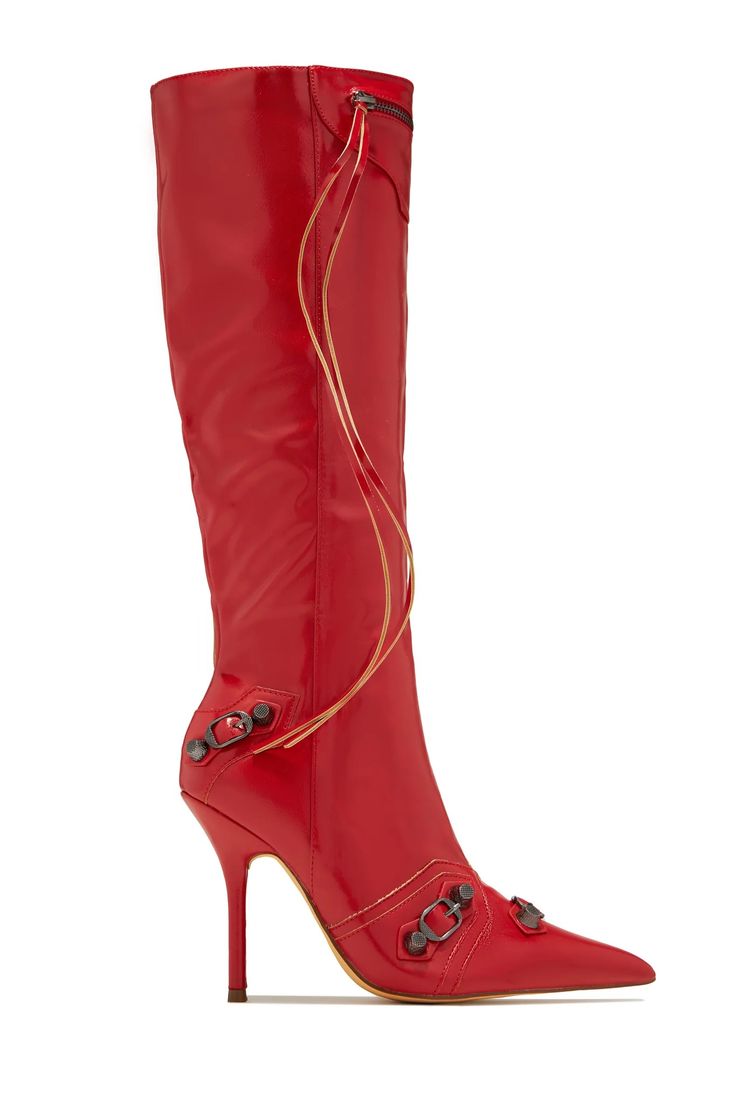 Miss Lola | Adison Red Knee High Boots – MISS LOLA Red Knee High Boots, Gold Shoes Heels, Red Leather Boots, Platform Combat Boots, Single Sole Heels, Miss Lola, Trendy Boots, Leopard Heels, Red Boots