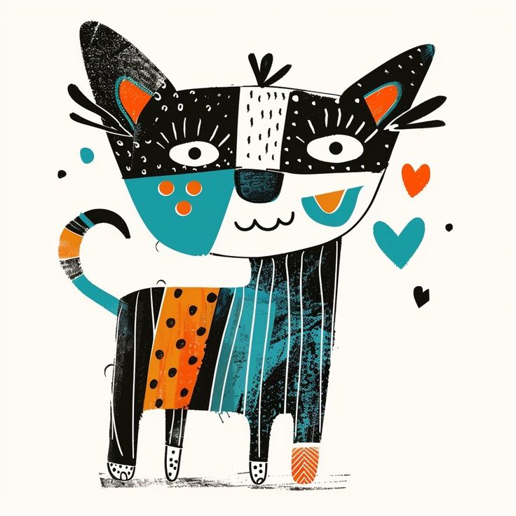 a drawing of a cat wearing a mask with hearts around it's neck and eyes