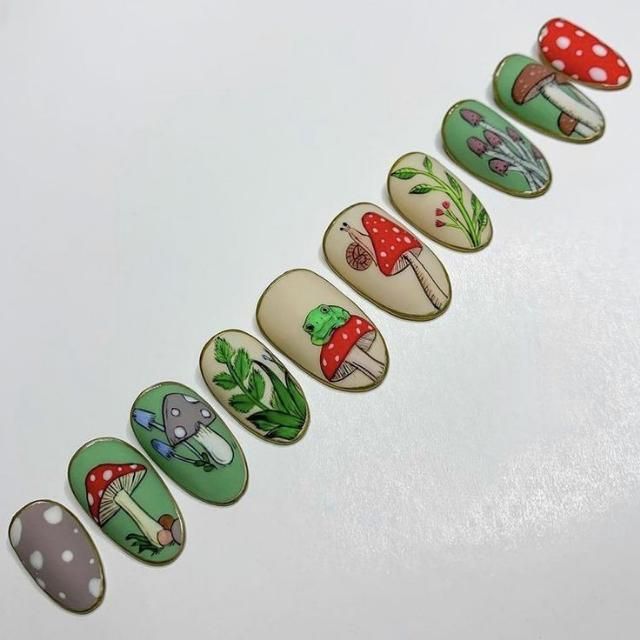 Face Makeup Animal Crossing, Over The Garden Wall Acrylic Nails, Fall Mushroom Nail Art, Mushroom Manicure, Mushroom Nails Art, Forest Nails, Mushroom Nail Art, Anime Nails, Nail Polish Designs