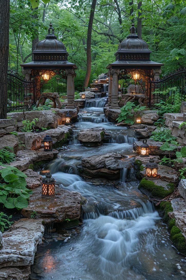 a small waterfall running through a forest filled with lots of rocks and lights on top of it