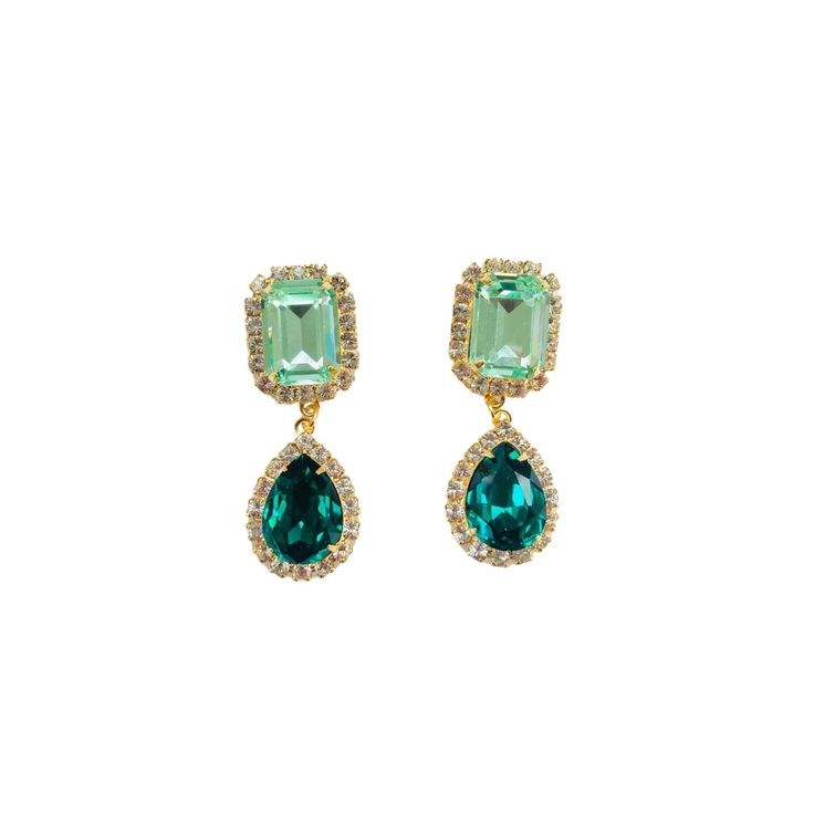 Jewel Drop In Light Green And Emerald | The Pink Reef | Wolf & Badger Emerald Jeweled Jewelry For Parties, Sparkling Green Crystal Jewelry, Elegant Jeweled Emerald Jewelry, Party Jewelry With Gemstone Accents And Crystal, Glamorous Pear-shaped Jewelry With Sparkling Stones, Elegant Pear-shaped Rhinestone Jewelry, Green Teardrop Jewelry For Evening, Glamorous Green Teardrop Jewelry, Teardrop Jewelry With Sparkling Stones For Evening