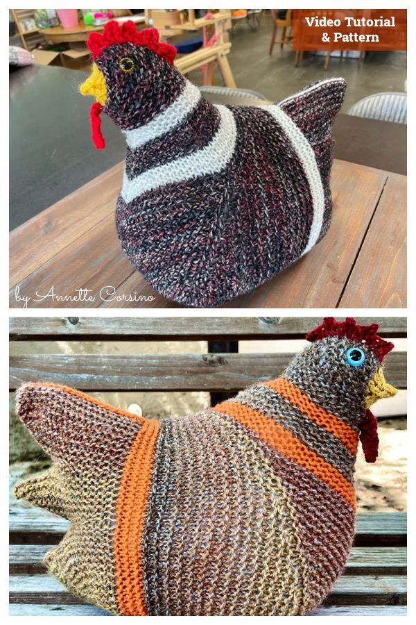 an image of a knitted chicken sitting on top of a wooden bench with text overlay